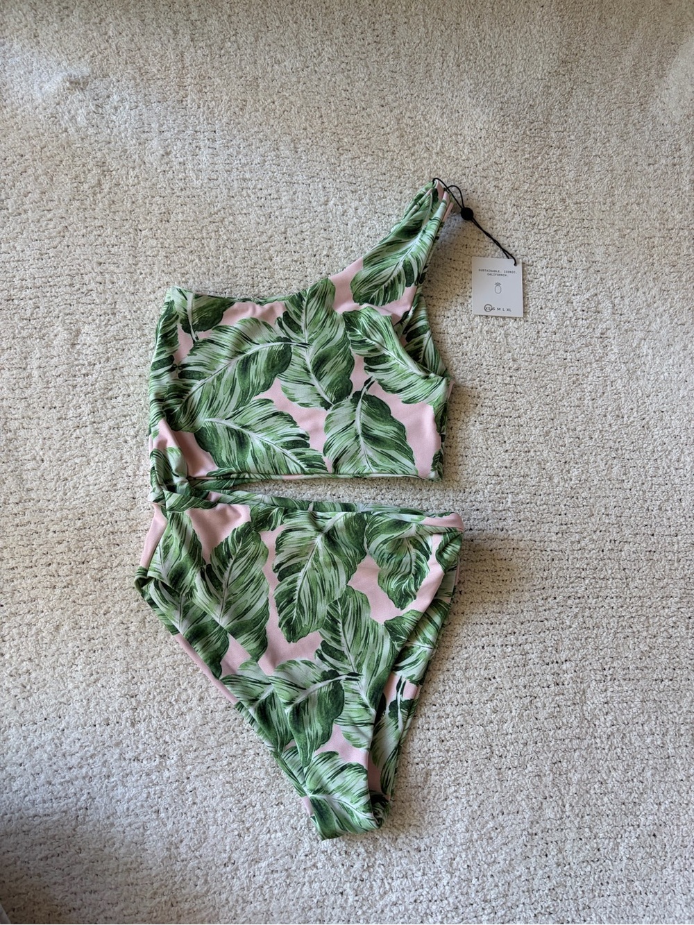 NWT Skatie Womens One-Shoulder Green Leaf Print Bikini - Pink & Green